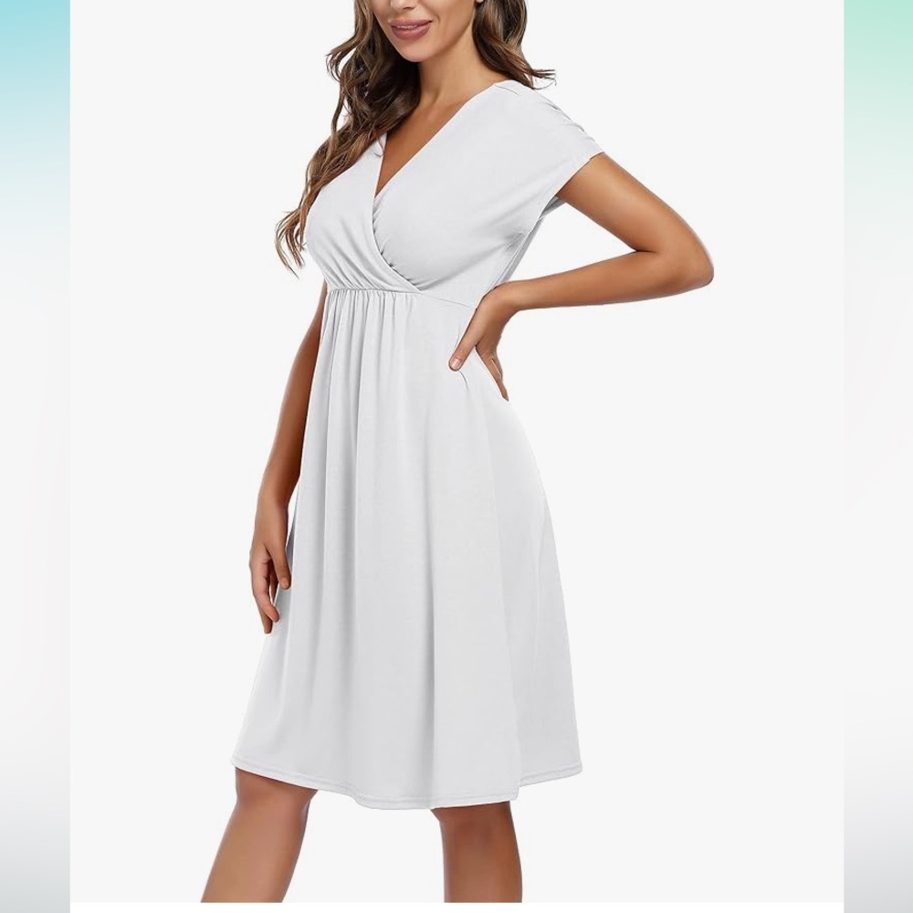 NWT Coolmee white V-neck knee length short sleeve summer dress size L